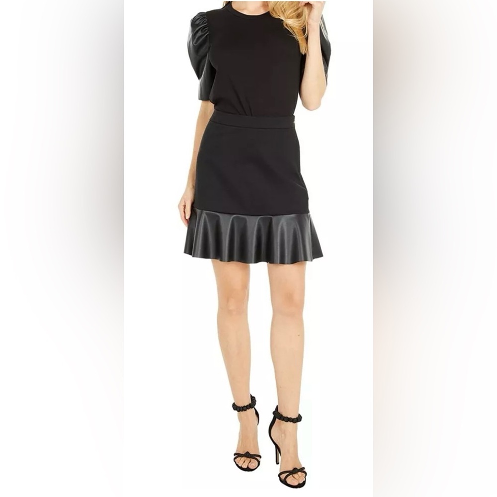 MICHAEL Michael Kors‎ Faux Leather Hem Fit & Flare Ponte Skirt-Size XS